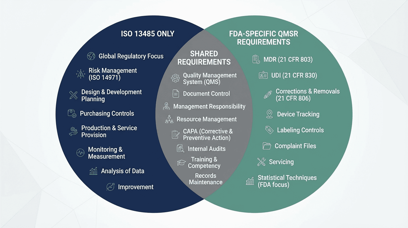 Summary comparison chart showing all 7 critical gaps between ISO 13485 international standard and FDA QMSR US-specific requirements, covering FDA-specific requirements, expanded inspection scope, design control rigor, CAPA effectiveness, supplier controls, post-market integration, and documentation specificity