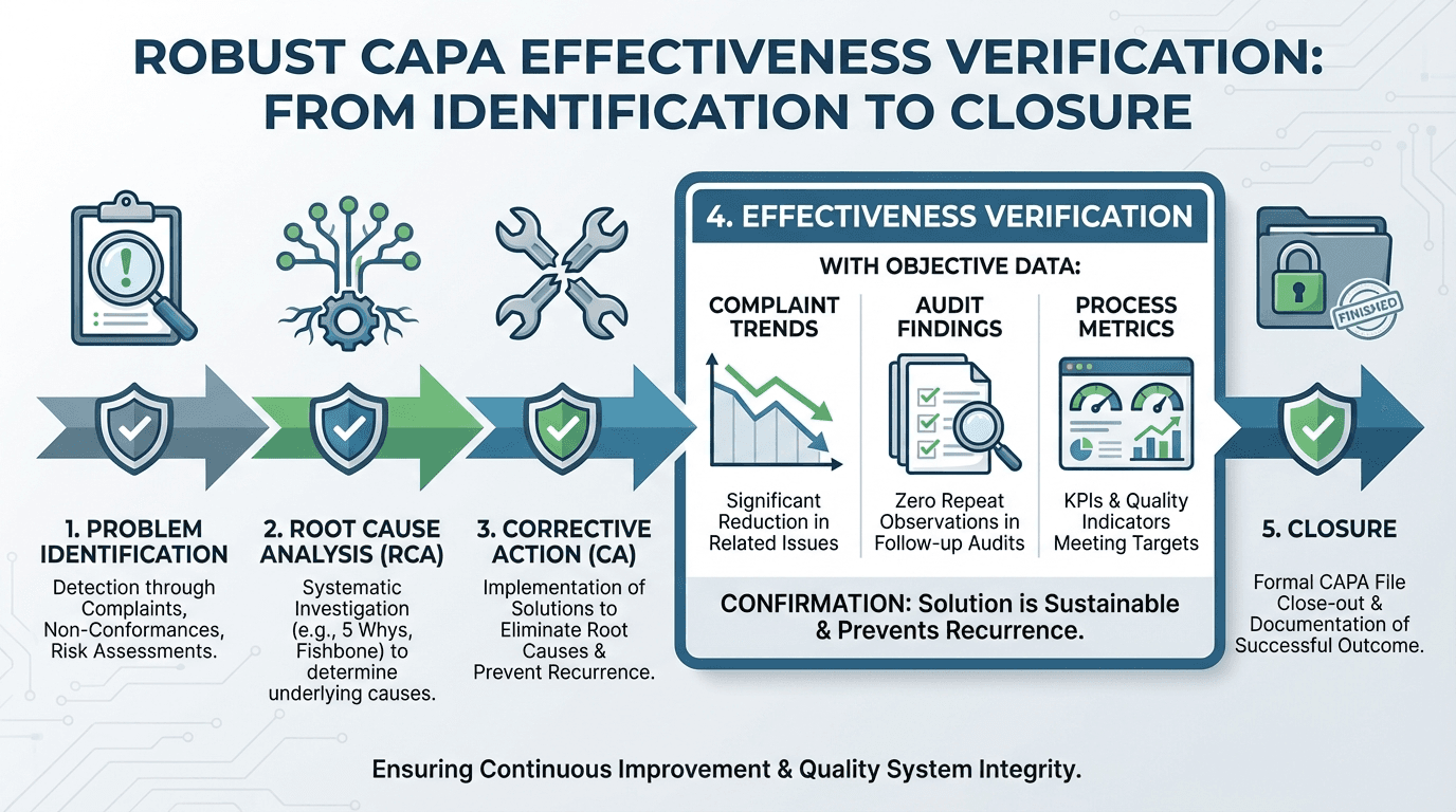 CAPA process flowchart showing five stages from problem identification through root cause analysis, corrective action, effectiveness verification with objective data including complaint trends, audit findings, and process metrics, to formal closure