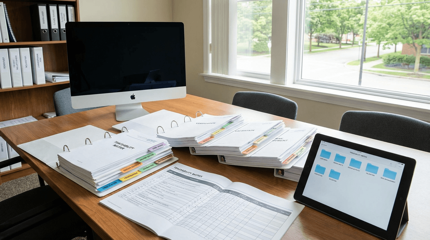 Desk with organized design history file binders showing traceability matrix, design inputs, design outputs, verification, validation, and risk management tabs alongside a digital tablet displaying the same file structure