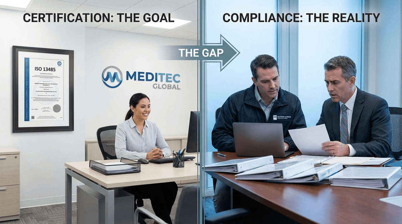 Venn diagram comparing ISO 13485 requirements, FDA-specific QMSR requirements, and shared requirements including QMS, document control, CAPA, internal audits, and training