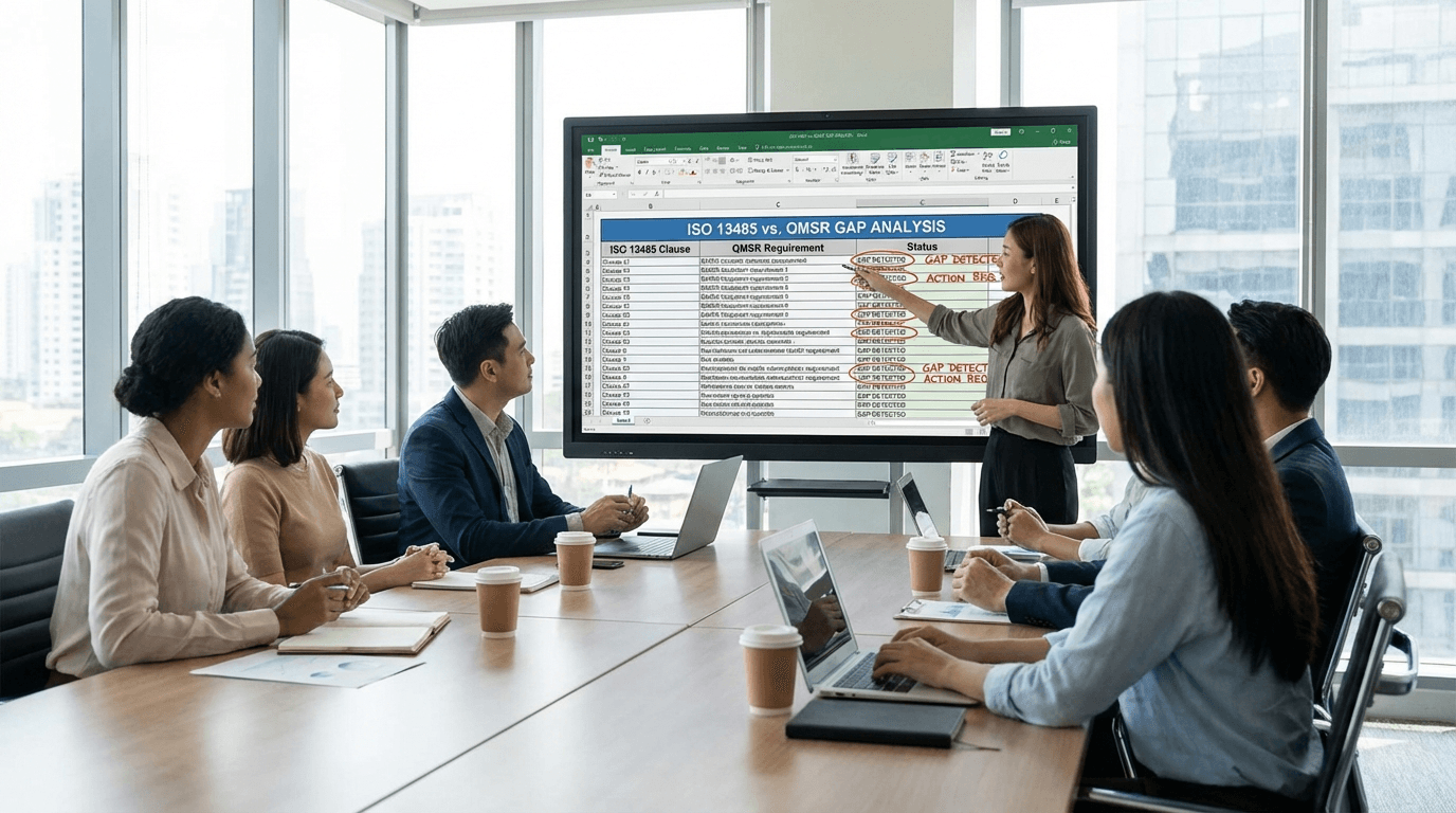 Quality team reviewing an ISO 13485 versus QMSR gap analysis spreadsheet on a large screen, with columns for ISO 13485 clause, QMSR requirement, and gap status showing multiple gaps detected highlighted in red