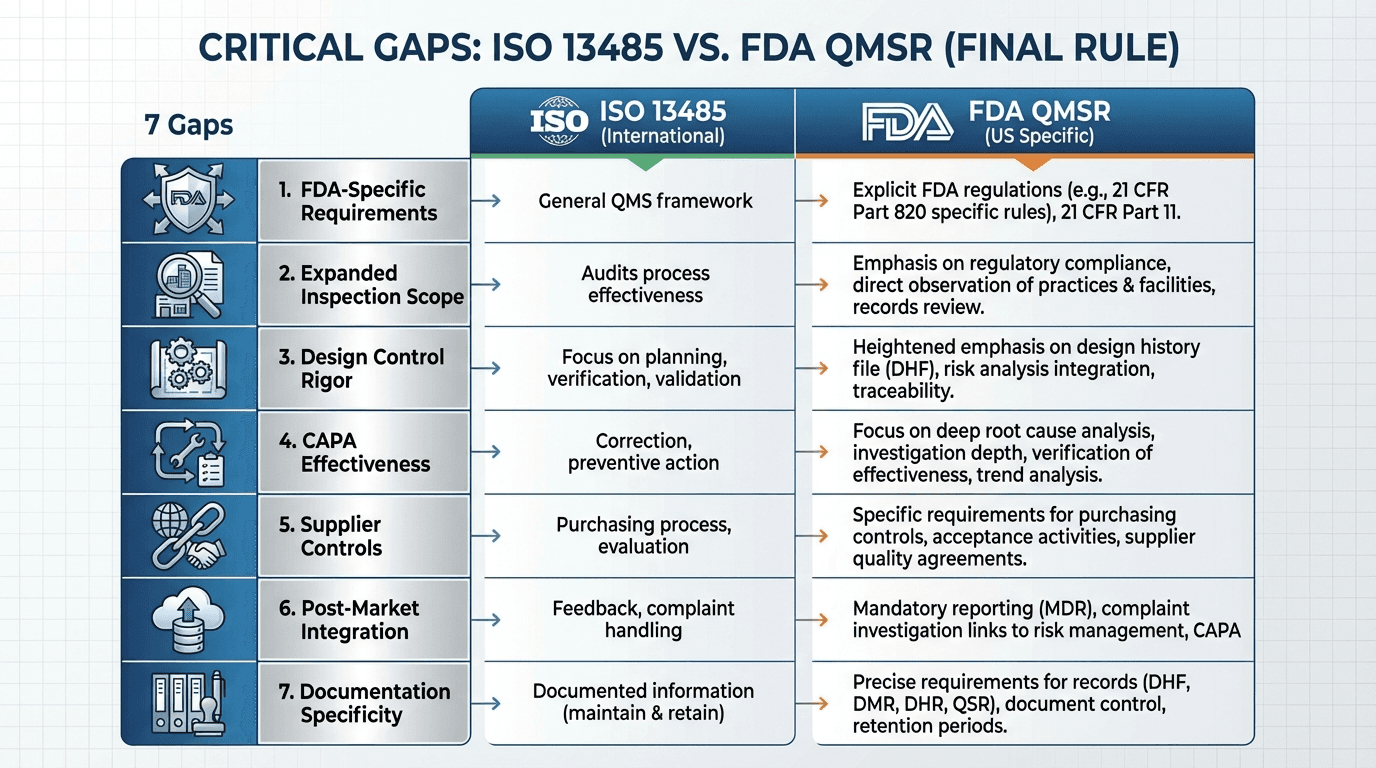 VigilaMed consultant presenting an ISO 13485 versus QMSR gap analysis and strategic roadmap to a medical device quality team in a boardroom setting